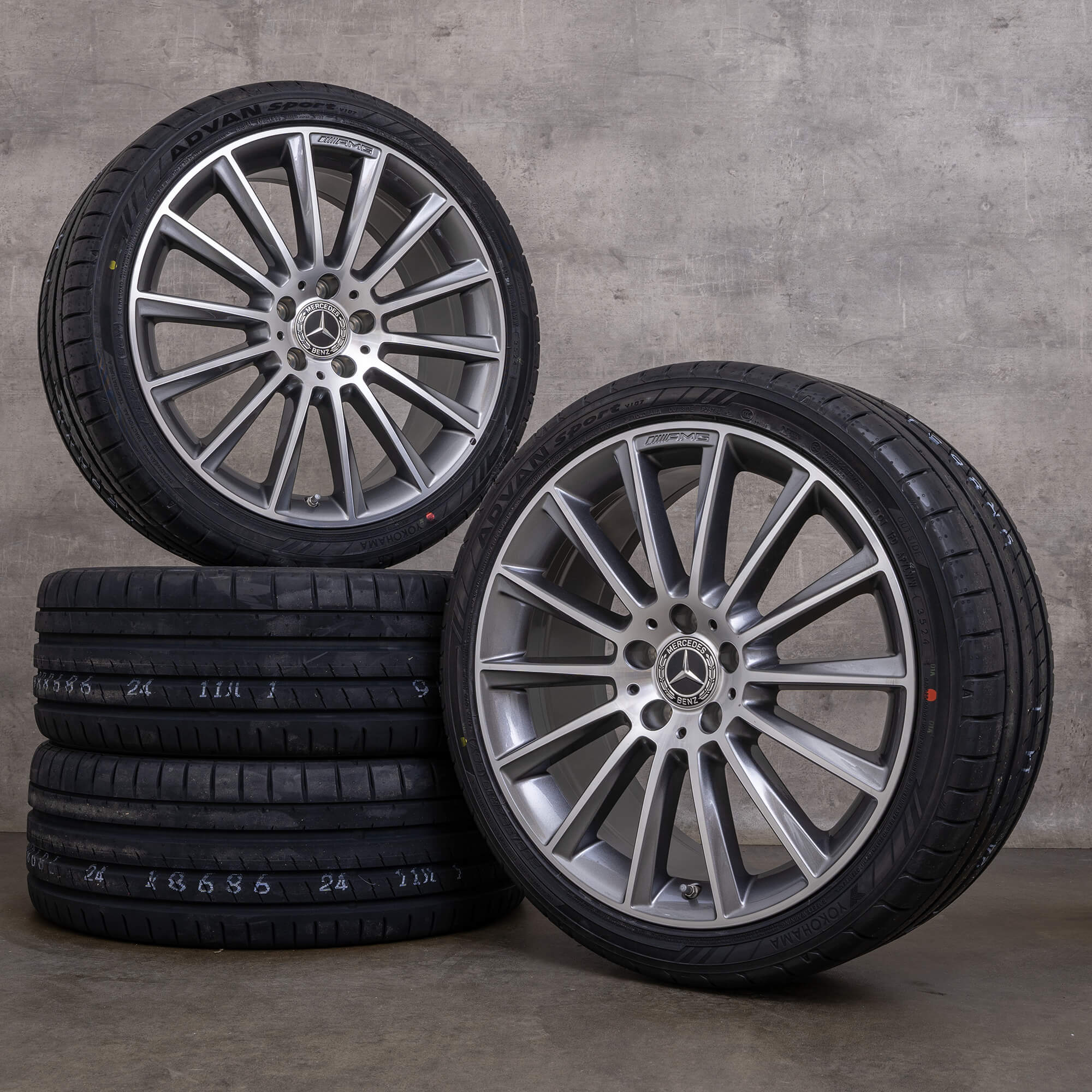 OEM AMG Mercedes Benz C Class wheels 19 inch W205 S205 C205 A205 summer tires A2054011300 A2054016600 himalaya grey glossy turned