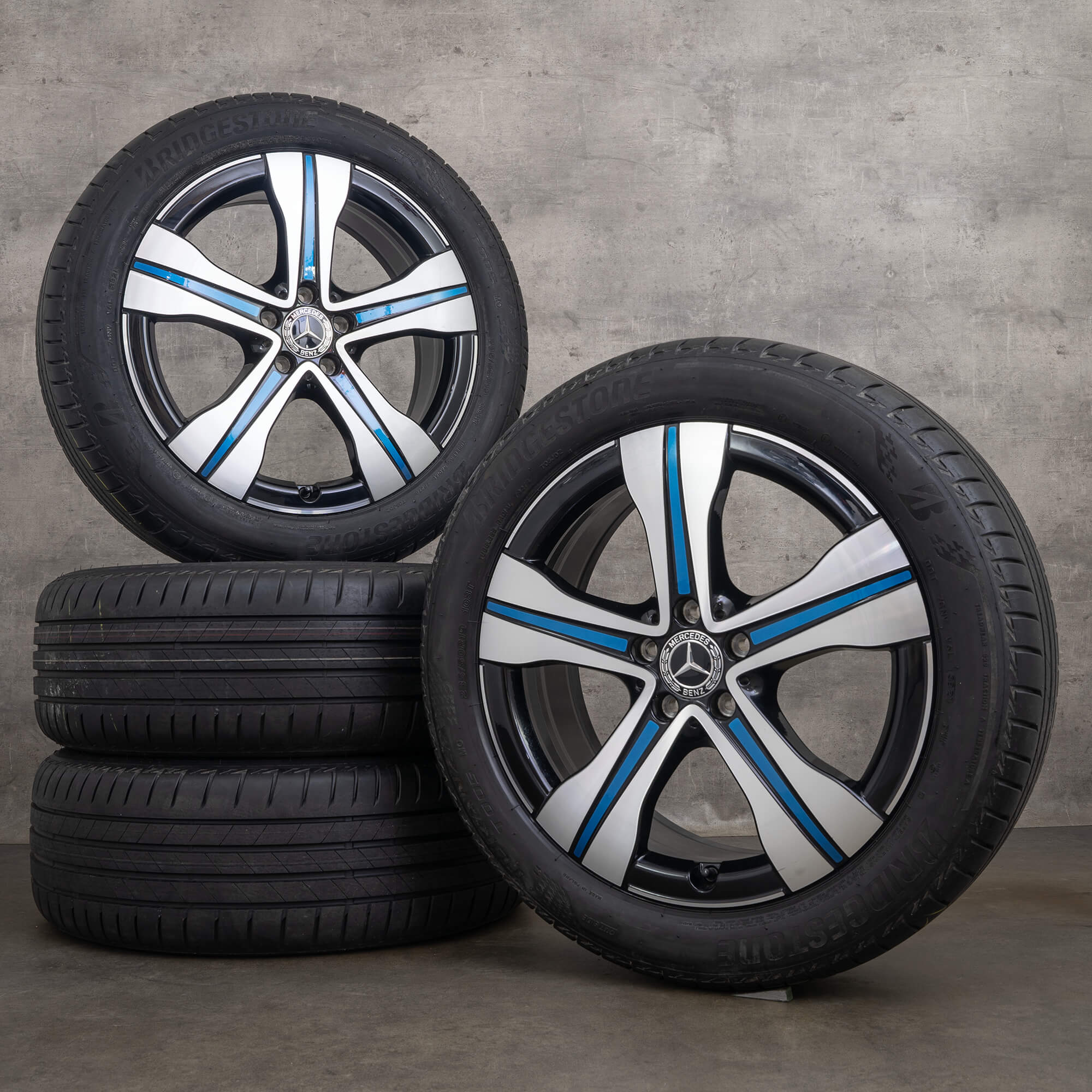OEM Mercedes EQA H243 EQB X243 19 inch rims summer tires A2434011500 black with blue elements high-gloss