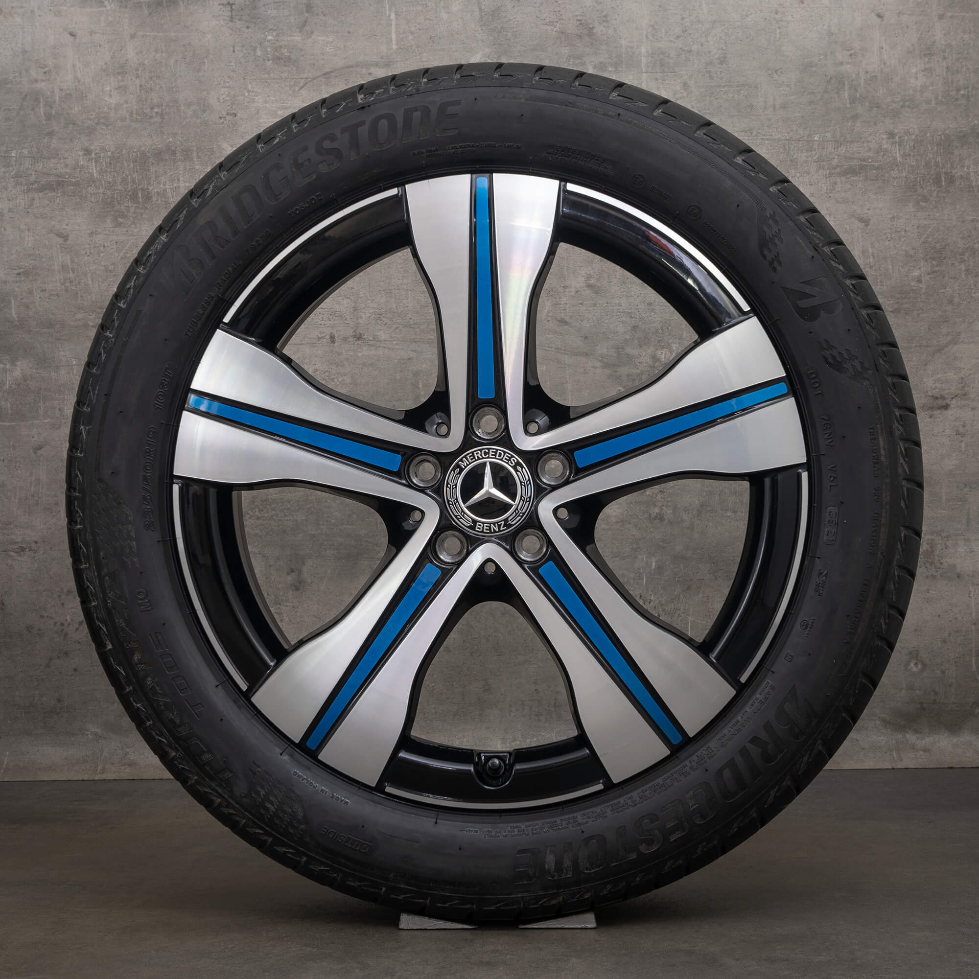 OEM Mercedes EQA H243 EQB X243 19 inch rims summer tires A2434011500 black with blue elements high-gloss