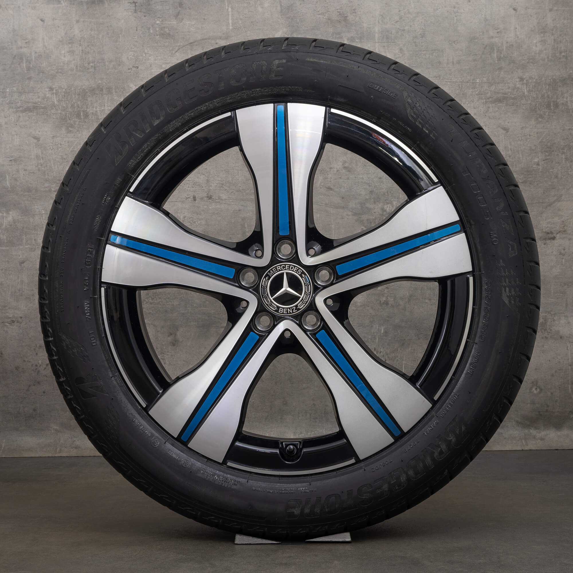 OEM Mercedes EQA H243 EQB X243 19 inch rims summer tires A2434011500 black with blue elements high-gloss