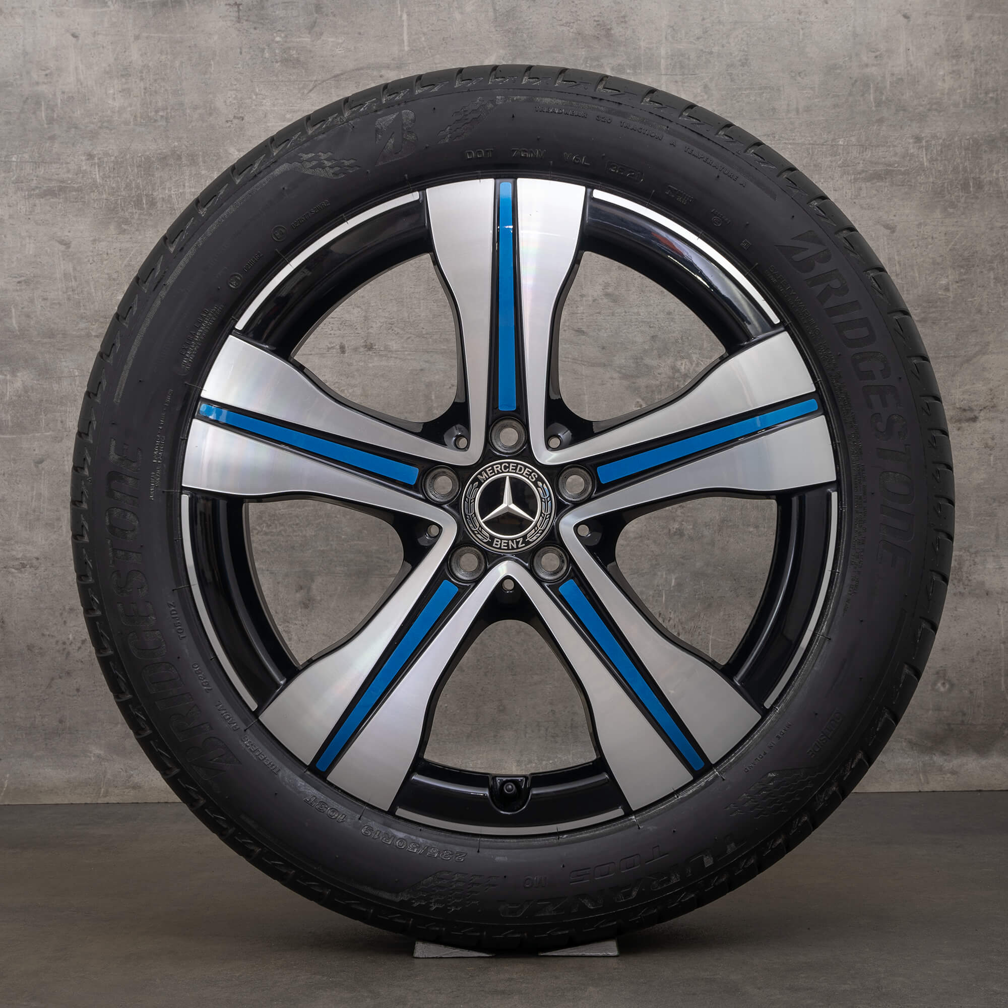 OEM Mercedes EQA H243 EQB X243 19 inch rims summer tires A2434011500 black with blue elements high-gloss