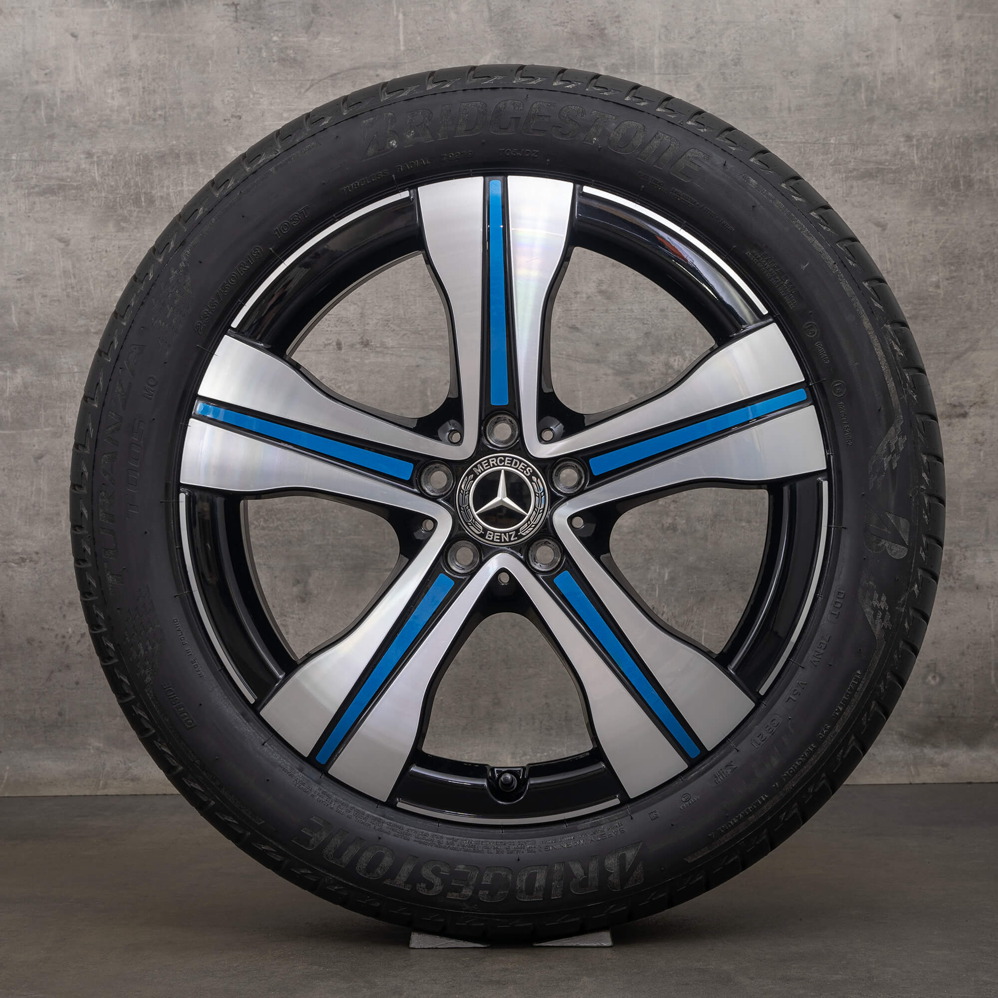 OEM Mercedes EQA H243 EQB X243 19 inch rims summer tires A2434011500 black with blue elements high-gloss