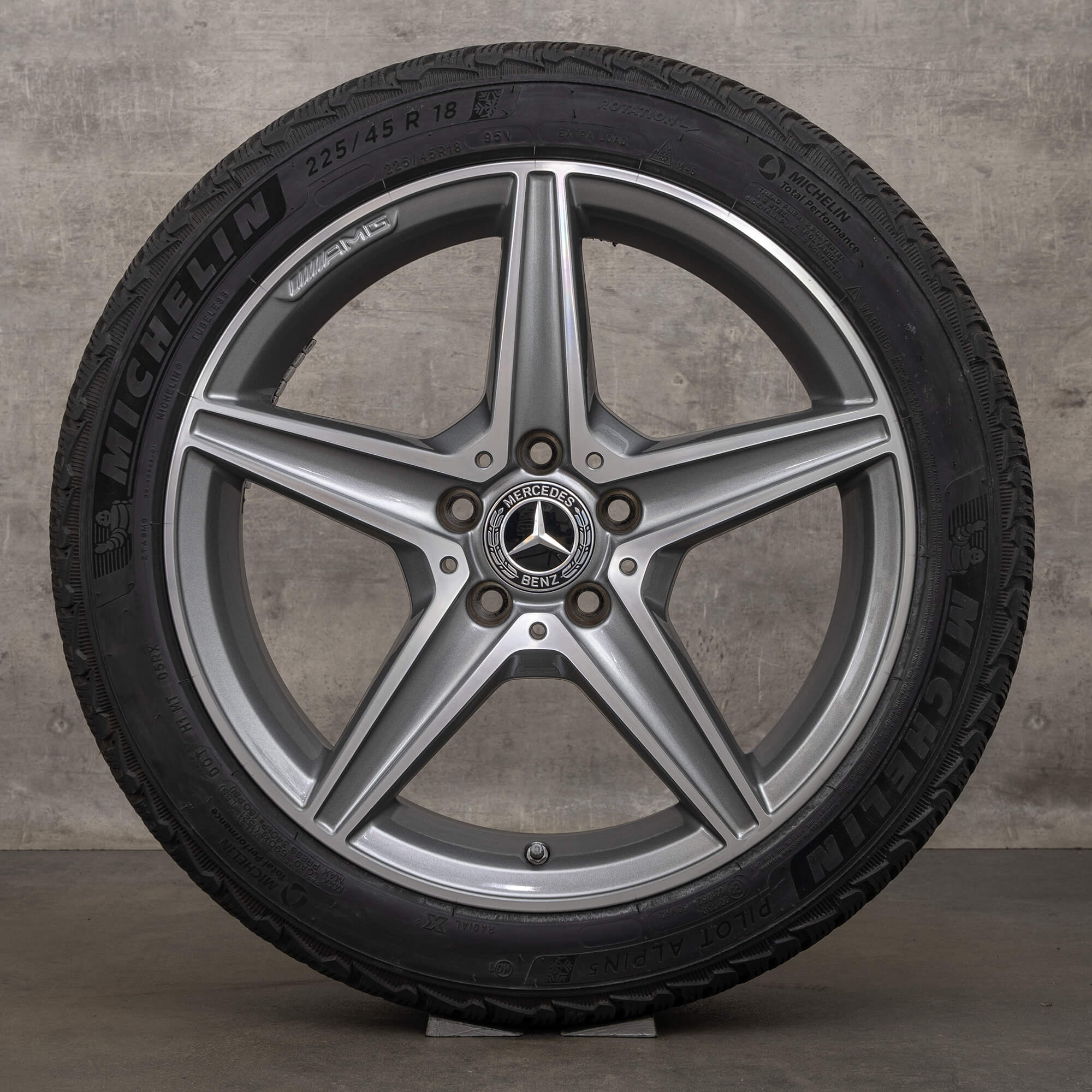 Jante originale AMG Mercedes Benz Clasa C 18 inch W205 S205 C205 A205 anvelope de iarna A2054011100 roti OEM gri himalaya lucios