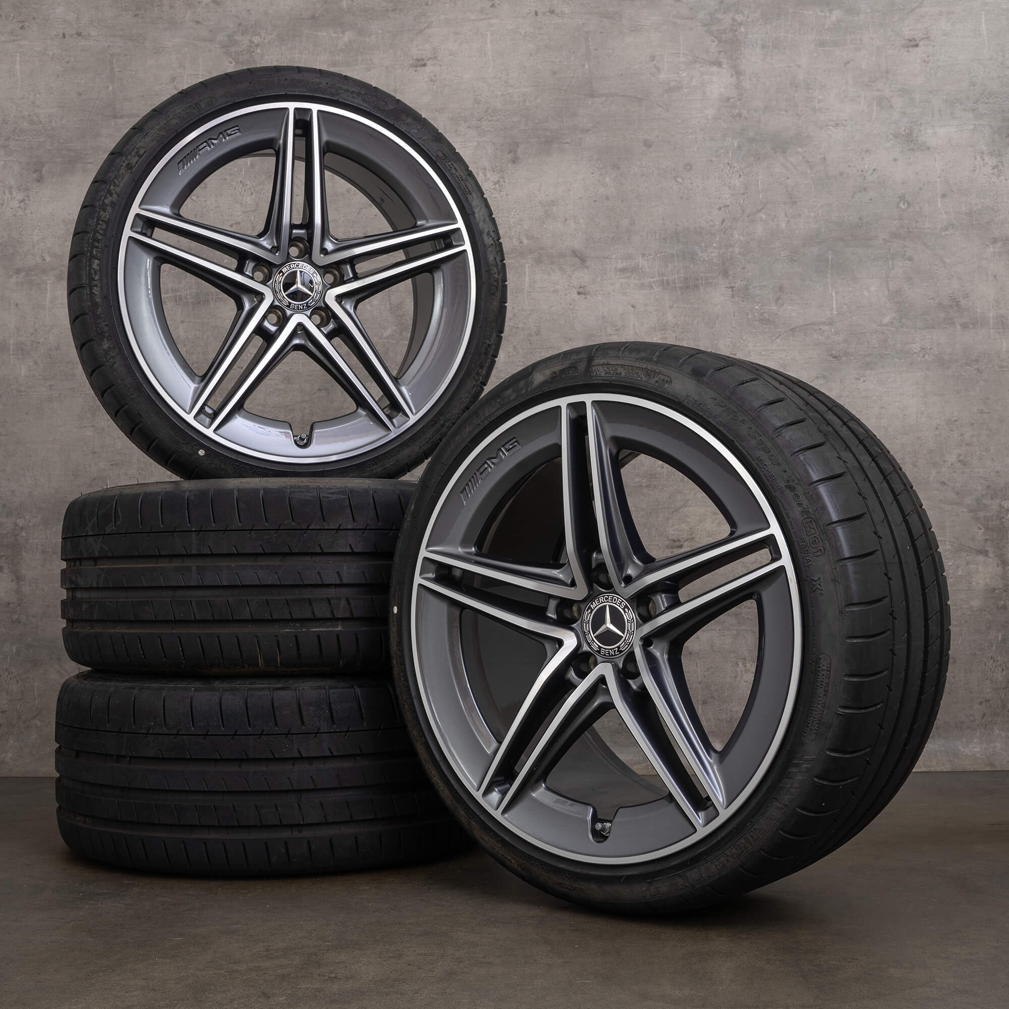 Jante originale AMG Mercedes Benz Clasa C 19 inch C63 S C205 A205 roți de vară A2054012001 A2054012101 gri himalaya lucios